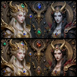 3 d stereoscopic pair, beautiful gemini good and evil fantasy character portrait, ultra realistic, wide angle, intricate details, the fifth element artifacts, highly detailed by peter mohrbacher, hajime sorayama, wayne barlowe, boris vallejo, aaron horkey, gaston bussiere, craig mullins