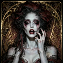 hyperrealistic scary beautiful maniac deformed artnouveau woman portrait of deep layers of fear sharp focus in style of tamara de lempicka
