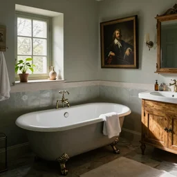 an antique italian bathroom, one clawfoot bathtub, towels, cupboards, bath faucet, some plants, tiny window with daylight, peaceful, jeremy lipking, serge marshennikov, rembrandt