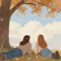 long shot pastel of young man with long brown hair and woman with long light brown hair, laying under a tree looking at clouds autumn, ( ( ( wearing jeans ) ) )