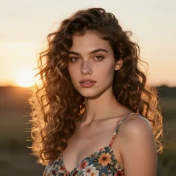 A middle shot of a beautiful 22 yo skinny girl, curly brown long hair with blonde highlights, brown upturned eyes, seductive natural brows, pale ivory skin tone, button nose, heart-shaped lips, heart-shaped face, high detail, studio lighting, 35 mm, the sun is setting in the background and she is wearing a beautiful floral dress.