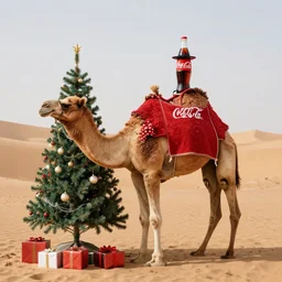 A Christmas tree in the desert with a camel in a Panama hat with Coca Cola on it