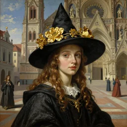 breathtaking detailed painting of a young witch, christian saint, with golden intricate flowers on a hat, on a sunlit plaza with a cathedral in the center, ornate background, by Rembrandt, Hsiao-Ron Cheng, Rebecca guay, 8K