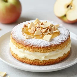 peanut cake with powdered milk, apple syrup and white chocolate crisps