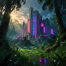 urbex by alvaro siza ( alvaro siza vieira ), evil neon signs hyperrealism bladerunner 2 0 4 9 sunlight at night rainforest sci - fi at dusk anime meadow, archdaily, wallpaper, highly detailed, trending on artstation.