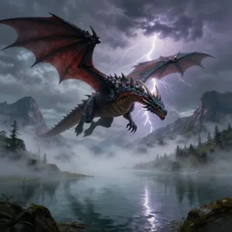 dragon captured a person, flying over a lake, mist, fog, lightning and thunder, mountains in background, detailed digital painting, dungeons and dragons, trending artstation