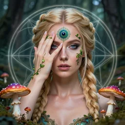 beautiful blonde woman with plaits, hand eye, vines, third eye on forehead, forest fae, psychedelic mushrooms, magic, mystical, white witch, photorealistic, portrait, sacred geometry