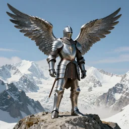 an elven knight in full battle armour and huge metal wings on his back, standing on the peak of mont blanc, by john everett millais