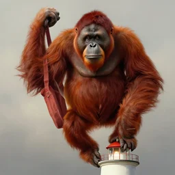 red orangutan as kingkong climbing on the small lighthouse, realistic portrait, highly detailed, digital painting, artstation, concept art, smooth, sharp focus, illustration, cinematic lighting, art by artgerm and greg rutkowski and alphonse mucha