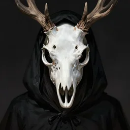 portrait of a character wearing a black cloak, with a white mask in the shape of a deer skull, the mask covers her entire face, there are no antlers, dramatic lighting, illustration by Greg rutkowski, yoji shinkawa, 4k, digital art, concept art, trending on artstation