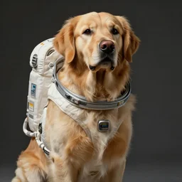 a golden retriever in a space suit, masterpiece, highly detailed, high quality, 4 k, anatomically correct, hyperrealistic, concept art, octane render, unreal engine 5, trending on artstation, trending on deviantart, matte, historical painting, fantasy style, path traced, high coherence, soft lighting, digital painting, mythical