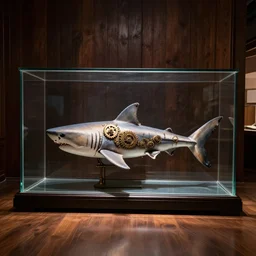 a glass rectangle box, inside is a big shark with steam punk gears for a tail, museum display, dark wooden walls, studio lighting