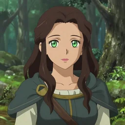 a portrait of a young beautiful woman with long dark brown hair, green eyes, tan skin, wearing a medieval fantasy outfit, forest landscape background, fantasy, ambient lighting, 4k, anime key visual, makoto shinkai, charlie bowater, lois van baarle, ilya kuvshinov, rossdraws, artstation