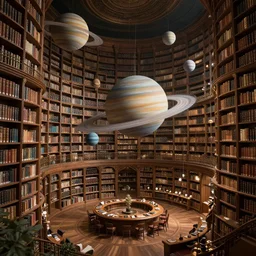 professional digital art of an infinite library filled with floating ringed planets, fancy library, wooden, fantasy, high quality, hd, 4 k, 8 k