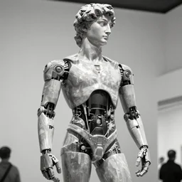 a robot sculpted by michelangelo, museum setting, tri - x 4 0 0 black and white