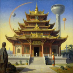 buddhism, temple, futurism, painting by gaston bussiere, greg rutkowski, j. c. leyendecker, artgerm