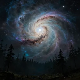 A highly detailed 4K fantasy matte painting of a nebula in the sky. Behind from a forrest floor silouette, zdzislaw beksinski, ArtStation, CGSociety, Unreal Engine