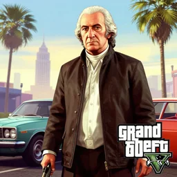 George Washington in Grand Theft Auto 5 cover art, epic, 4k resolution, extremely detailed, very sharp, artstation, digital art, vibrant,