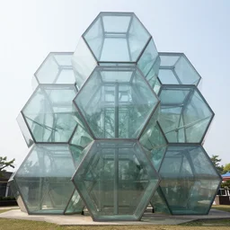 array of large upright glass hexagons