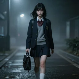 school girl walking at night, gloomy and foggy atmosphere, octane render, cgsociety, artstation trending, horror scene, highly detailded