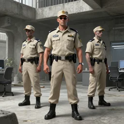 ( ( beige ) ) uniform and caps zombie security officers ( inside brutalist concrete office structure ) trending on artstation very high detail digital painting 4 k 8 k hd accurate