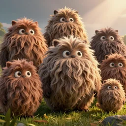 shaggy fluffy round monsters with big eyes, detailed, concept art, low angle, high detail, warm lighting, volumetric, godrays, vivid, beautiful, trending on artstation, by jordan grimmer, huge scene, grass, art greg rutkowski