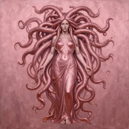 symmetrical, detailed portrait color painting of medusa by greg rutowski, rose gold tones, priestess, full body
