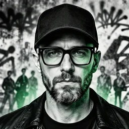 highly detailed portrait of beautiful christian slater, baseball cap, overgrown stubble, old, as mr robot, thick square glasses, by atey ghailan, by greg rutkowski, by greg tocchini, by james gilleard, by joe fenton, by kaethe butcher, gradient green, black and white color scheme, grunge aesthetic!!! ( ( graffiti tag wall background ) )