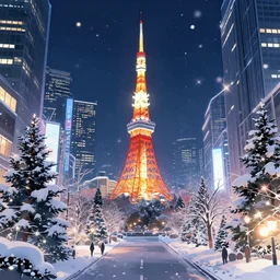 anime - styled illustration of tokyo with many lights and lens flares, snowy winter christmas night