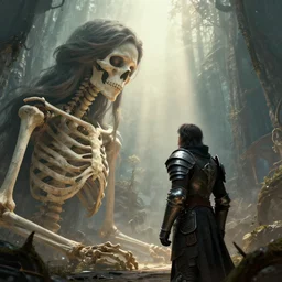 a wide shot of a giant skelletal girl staring at a armored guy, fantasy art, ow aperture,photorealistic, beautiful ambience, global illumination, 8k post-processing highly detailed, hyper realistic, film grain,god rays