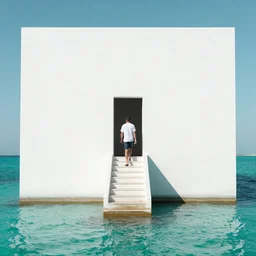 elegant, wondrous, eclectic, AWESOME, beautiful photograph of a plain white building surrounded by turquoise water. a man walks down a staircase from the building's only door into the water. vfx, control the soul, postprocessing