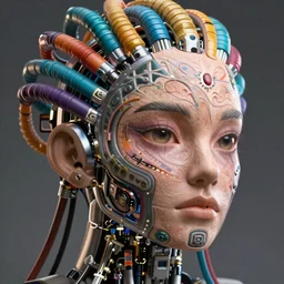 tattooed face with multicolored tubes and robotic mechanics under the skin, 3 d, insanely integrate,