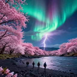 seiganto - ji in japan theme on holokalani black beach of maui in royal blue antelope canyon during sakura season on an interstellar aurora borealis with heavy thunder and lightning, pink waterfalls, flowers, by peter mohrbacher, james jean, james gilleard, greg rutkowski, vincent di fate, rule of thirds, octane render, beautiful landscape