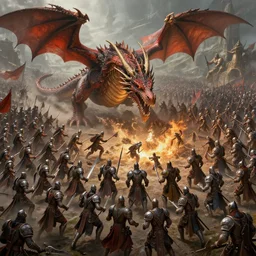 dragon warriors battling against humans, huge battle, thousands of warriors, dnd, medieval, fantasy art, concept art, high detail, high definition, 8k, artstation