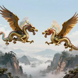 two giant chinese dragons flying across the mountains fighting to the death, trending on artstation, digital art, fog, sun flare, fire, blood, rain, cut, bleeding, firebreathing, death