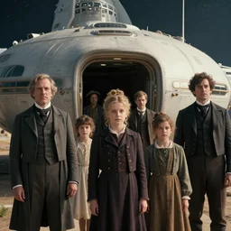 still from a sci fi blockbuster movie made in 2022, set in 1860, of a family leaving a spaceship, that has just landed on an alien planet, wearing 1850s era clothes, good lighting, 4k, HD, in focus faces