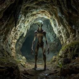 myth cave, realistic, alien