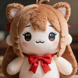 cute fumo plush of a girl in a bow tie and red ribbon, anime girl