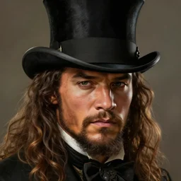 portrait of jason mamoa wearing a top hat, victorian, concept art, detailed face, fantasy, close up face, highly detailed, cinematic lighting, digital art painting by greg rutkowski