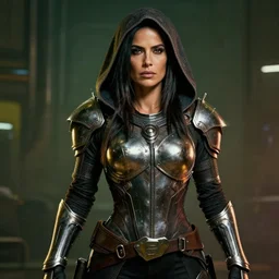 cyberpunk 2 0 7 7, charismatic rugged female battle salma hayek - mage portrait, clothed in hooded, metal - plated battle armor atmospheric lighting painted intricate volumetric lighting, beautiful, sharp focus, ultra detailed by leesha hannigan, ross tran, thierry doizon, kai carpenter, ignacio fernandez rios
