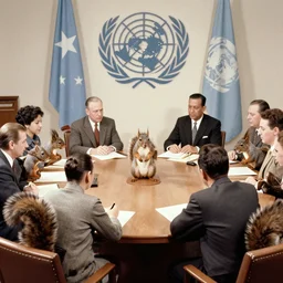 squirrels sitting at a round table, a peace treaty sits in the middle of the table, historic photo, united nations