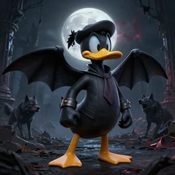 a detailed 3 d render of darkwing duck dressed as the hunter from bloodborne, let's get dangerous, in the style of darkwing duck, digital art, dark fantasy, concept art, soulslike, by alphonse mucha, blood moon eclipse, wherewolves in a ruined building in the background, artstation, 8 k, unreal engine render