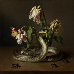 snake hunting butterfly still life, withered flowers, isopods crawling, otto marseus van schrieck still life, dutch golden age painting, dramatic lighting, cinematic lighting, willem van aelst still life, elias van den broeck painting still life, christiaen striep still life, rachel ruysch flowers, oil on canvas, highly detailed, botanical painting, chiaroscuro