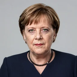 Medium shot portrait of goth Angela Merkel with makeup, facial tattoos, piercings, sneering at the camera, studio lighting, F 1.8, Kodachrome