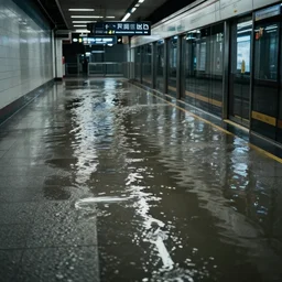 photo of a subway station, the floor is flooded with one meter deep water. eerie