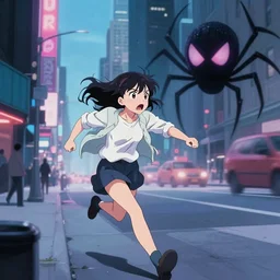 anime girl running terrified through the streets of manhattan away from a four eyed spider monster