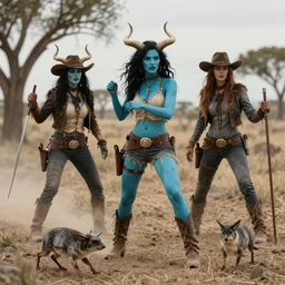 ( cyan - skinned women ) with horns, stalk their next prey, in wild west setting, by donato giancola.