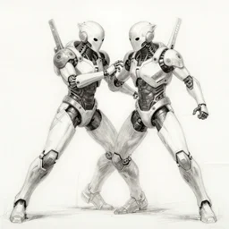 A detailed sketch of a ghost in the shell style cyborg fighting automated robots, Shiro Masamune style, manga, highly detailed