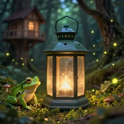 a beautiful latern, fireflies, treehouse in the background, thick florest, fantasy art by greg rutkowski, masterpiece, depth of field, frog, trending on artstation, devianart, cgsociety