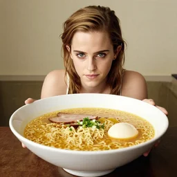 emma watson bathing in a big bowl of ramen. architectural digest.